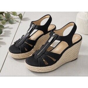 Michael Kors Berkley Wedge Espadrille Black Canvas Logo Zip Front Sz 7.5M